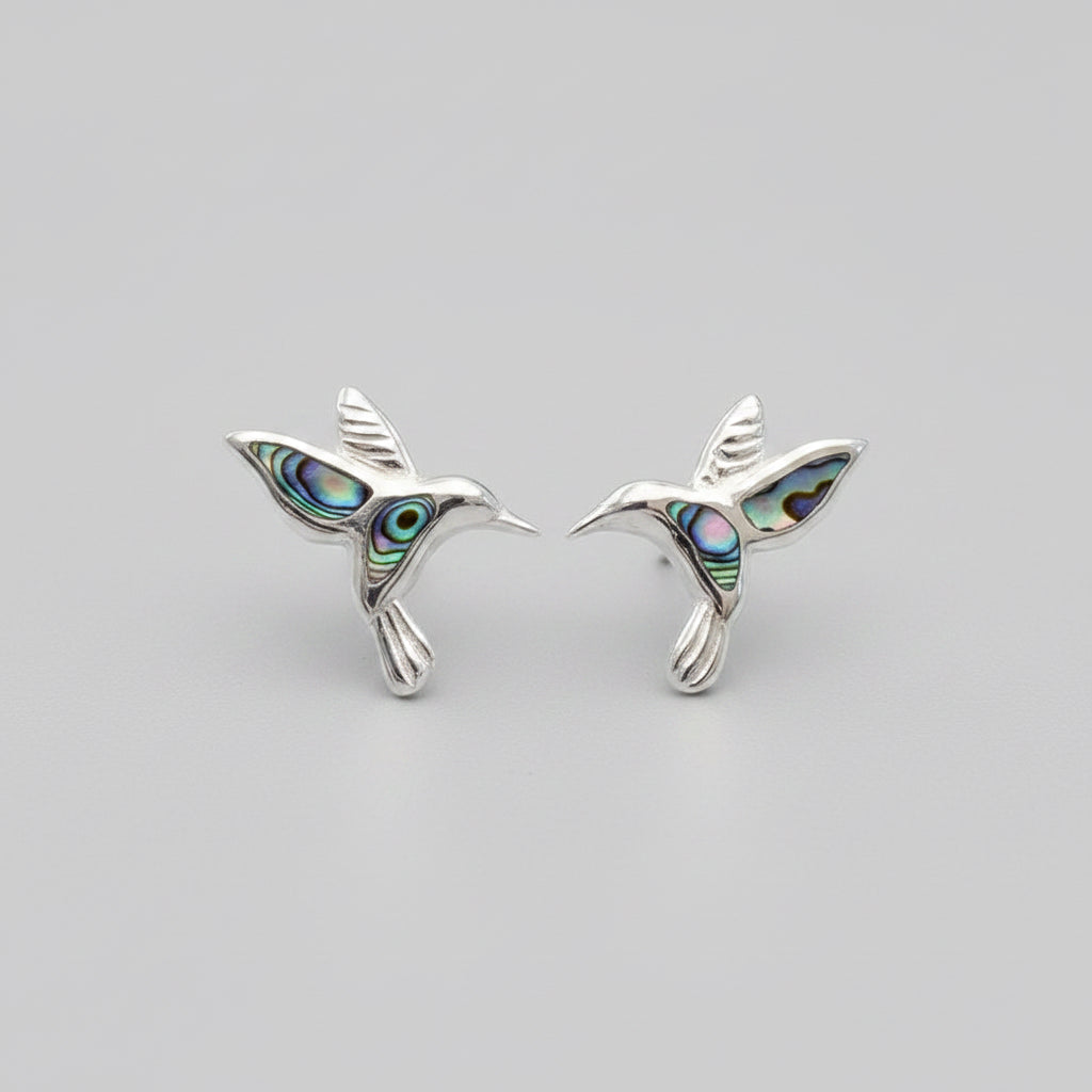 Women's Peace Collection abalone hummingbird stud earrings featuring colorful, detailed bird designs on shiny metal posts.