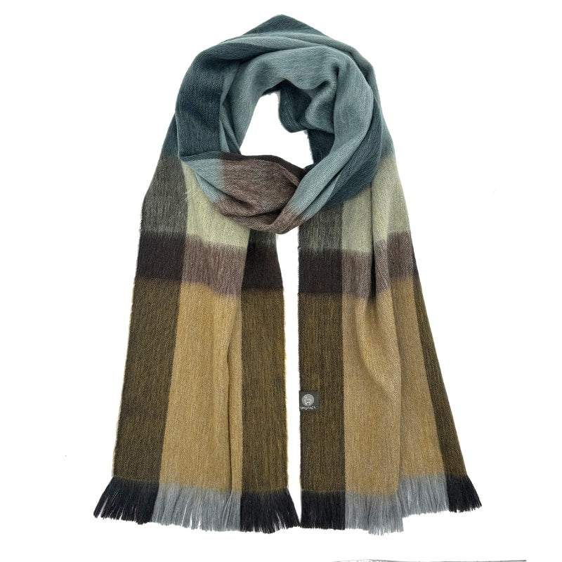 Shupaca alpaca plaid scarf featuring a warm, cozy golden coast pattern with soft, luxurious fibers and stylish design.
