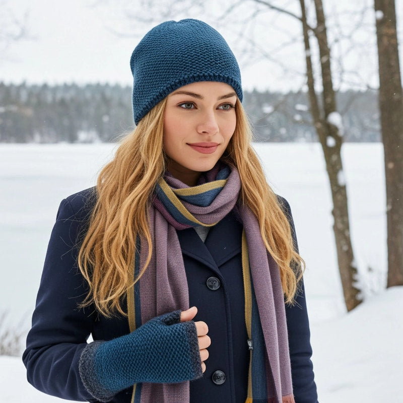 Shupaca Alpaca Scarf Sunspot featuring soft, warm alpaca fibers with a sunburst pattern in vibrant colors, worn as a stylish accessory.