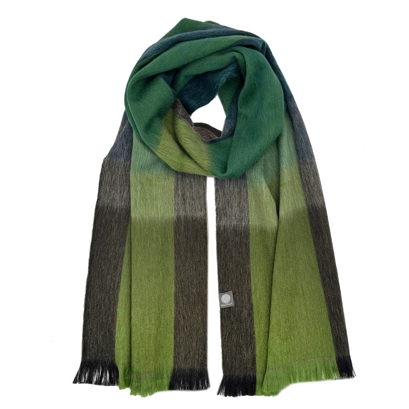 Shupaca alpaca plaid scarf in tidepool colors, showcasing soft, warm fabric with a classic checkered pattern perfect for layering.