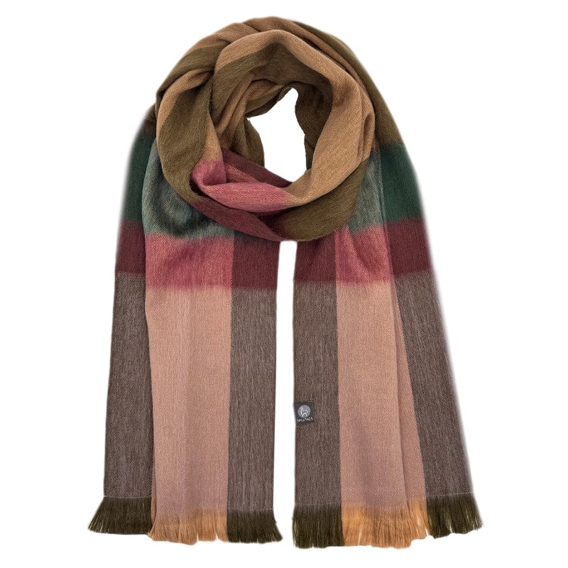 Shupaca alpaca plaid scarf featuring a cozy, woven pattern in warm, earthy tones ideal for stylish winter wear.