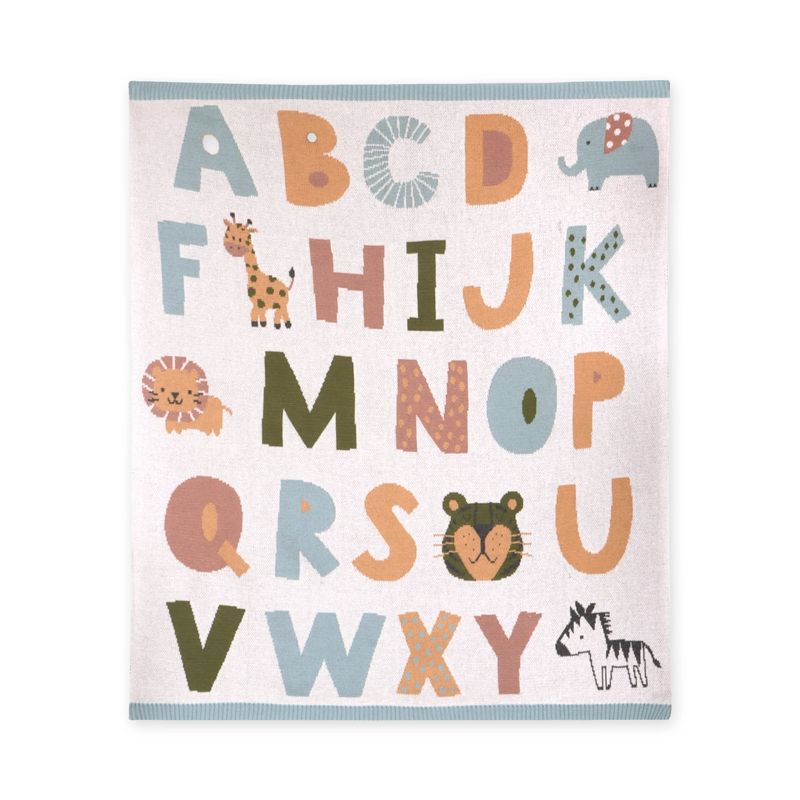 Blue organic knit baby blanket with alphabet pattern by Viverano, soft and cozy for infants.