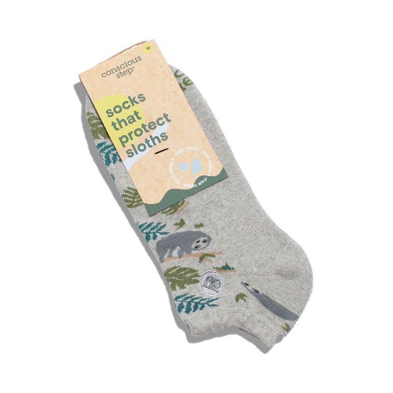 Conscious Step ankle socks featuring playful sloth designs, made to protect sloths with comfortable, eco-friendly fabric.