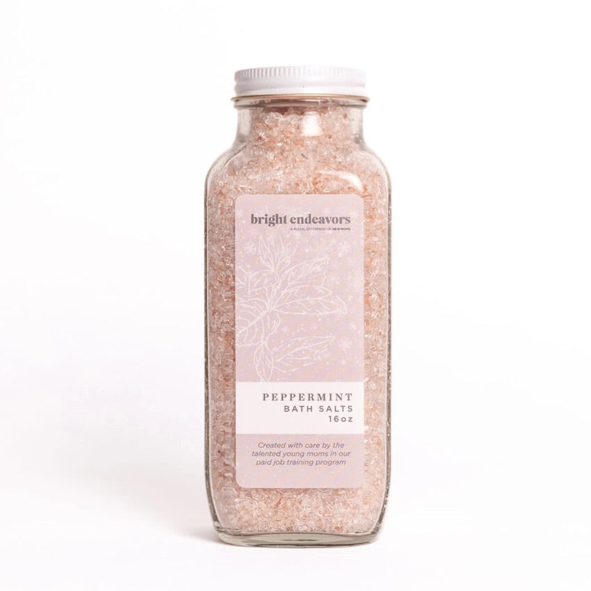 Bright Endeavors peppermint bath salts in a 16 oz container, showcasing aromatic mineral crystals for soothing, relaxing bath experiences.