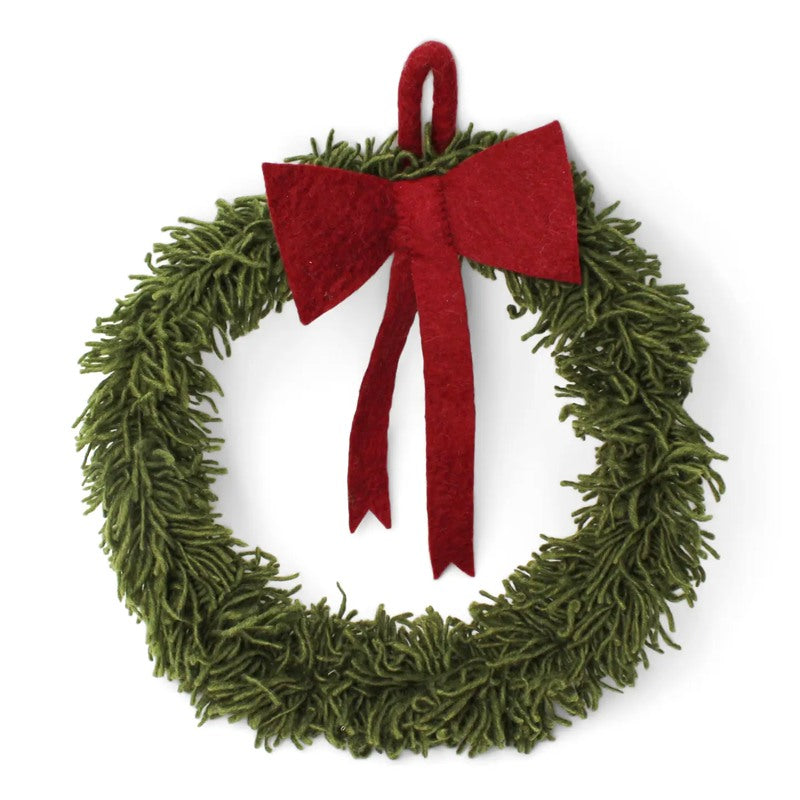 Large felt holiday wreath featuring lush greenery and a vibrant red bow for festive home decor.