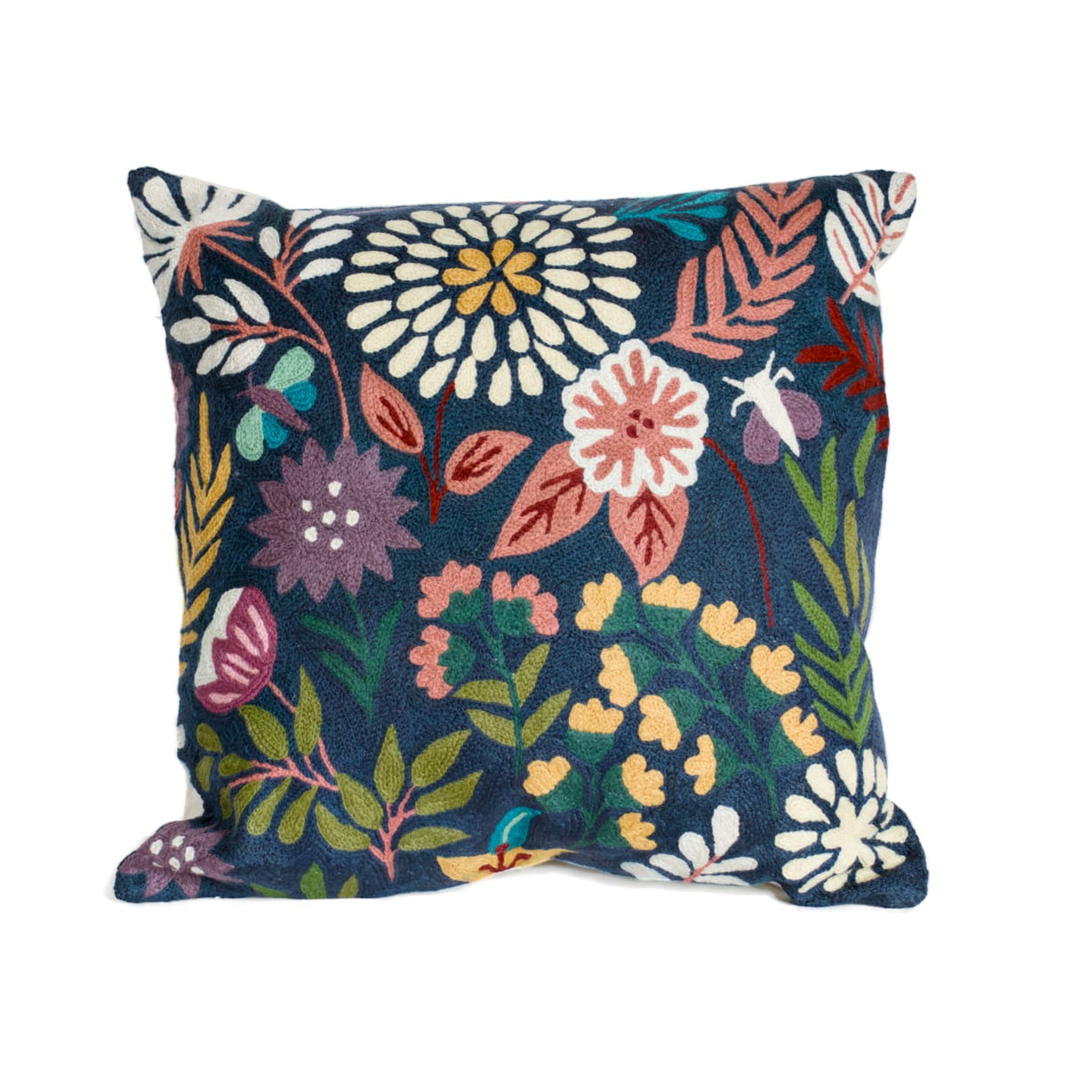 Navy Botanical 18-inch chainstitch pillow featuring floral embroidery on soft fabric.