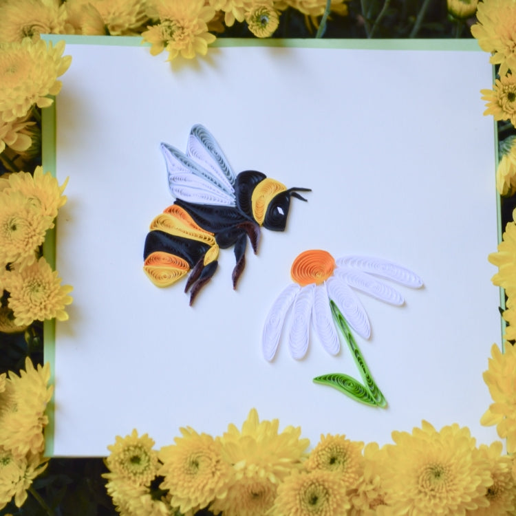 Colorful Bumble Bee Quilling Card featuring intricate paper quilling artwork of a bee, ideal for greeting or gift card uses.