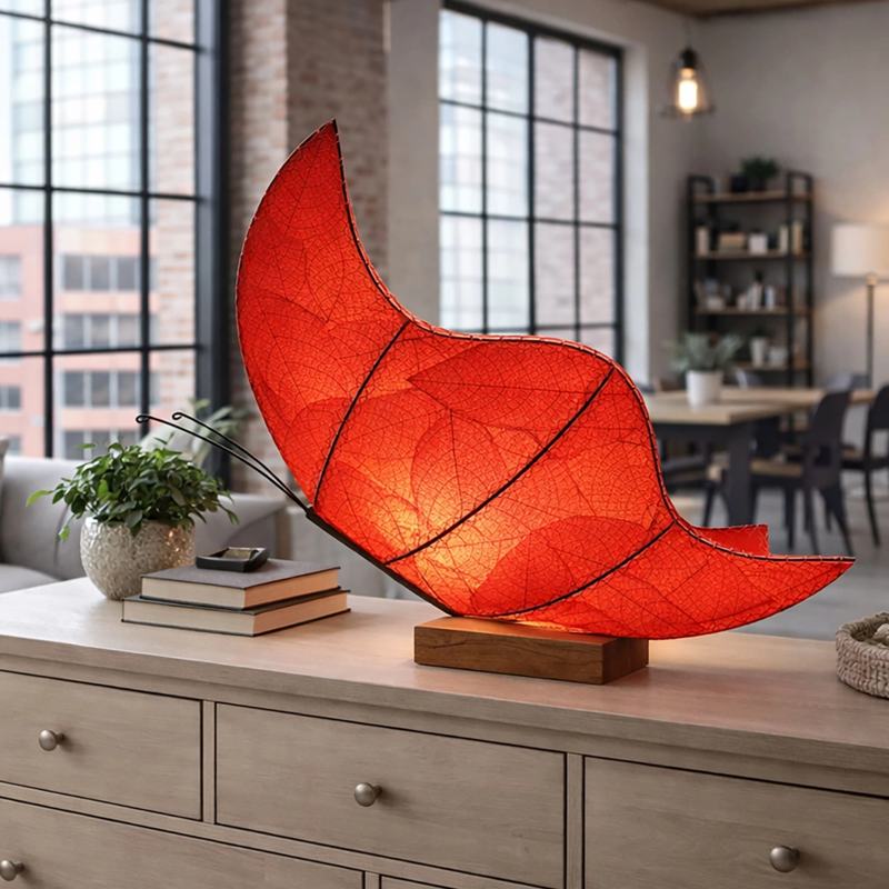 Large red butterfly table lamp by Eangee with intricate butterfly design, perfect for decorative lighting in living spaces.