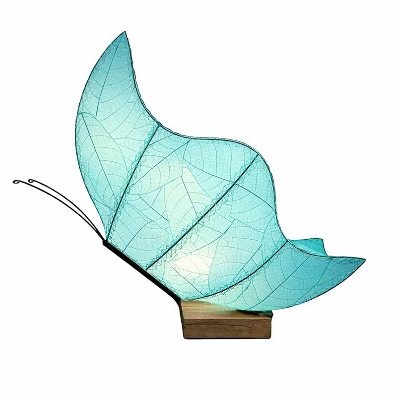 Blue butterfly-shaped table lamp by Eangee with intricate butterfly and floral design on a smooth base.