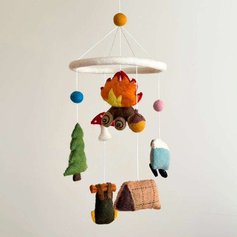 Ganapati Camping Felt Mobile with colorful felt shapes hanging for decorative outdoor or indoor camping ambiance.