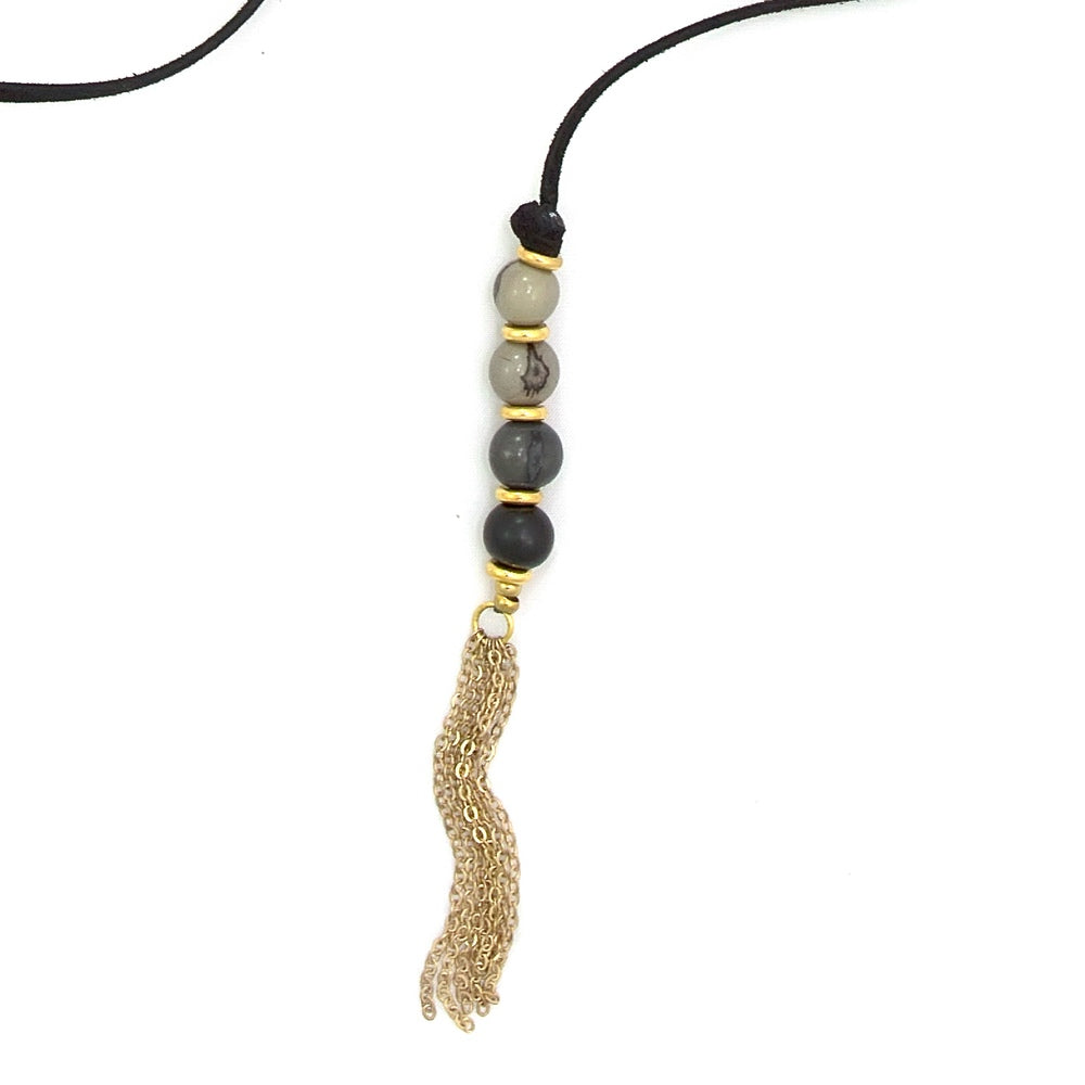 Faire Collection Cannes Lariat in cool gray, stylish jewelry featuring a layered lariat design with delicate chain and minimalist appeal.