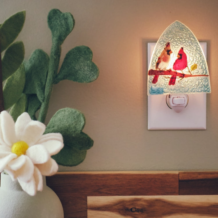 Pampeana Cardinal Couple Night Light glowing softly with a red cardinal design, perfect for cozy bedroom decor.