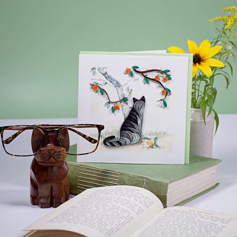 Colorful cat and orange branch quilling card featuring intricate paper art by Quilling Card, perfect for greeting or special occasions.
