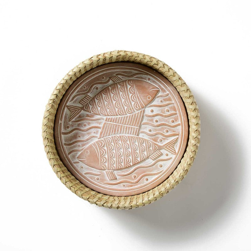 Serrv Catch of the Day lidded bread warmer with a woven basket design, perfect for keeping bread warm on the table.