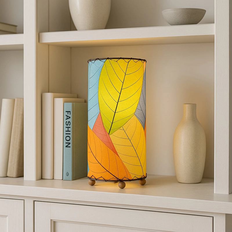 Eangee Cocoa Leaf Cylinder Table Lamp, 12-inch multi-colored design with cocoa leaf pattern on a sleek base.