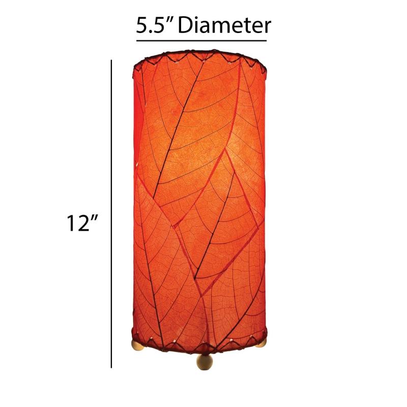 Red Cocoa Leaf Cylinder Table Lamp by Eangee, 12-inch height, featuring detailed cocoa leaf design and a cylindrical shape.