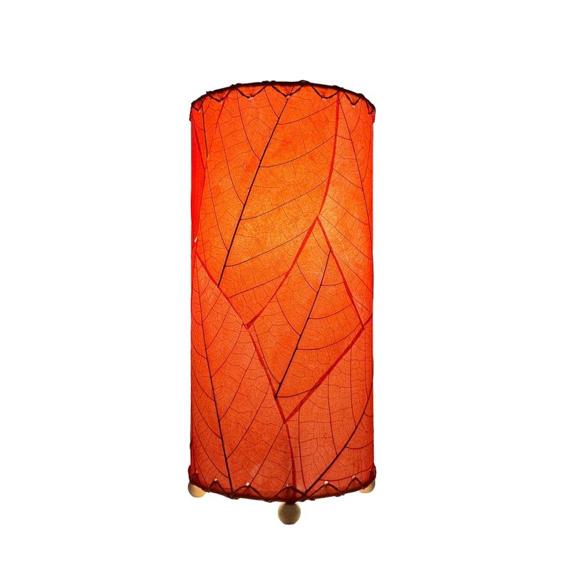 Eangee Cocoa Leaf Cylinder Table Lamp in red, 12-inch height, with detailed cocoa leaf design on a sleek cylindrical base.