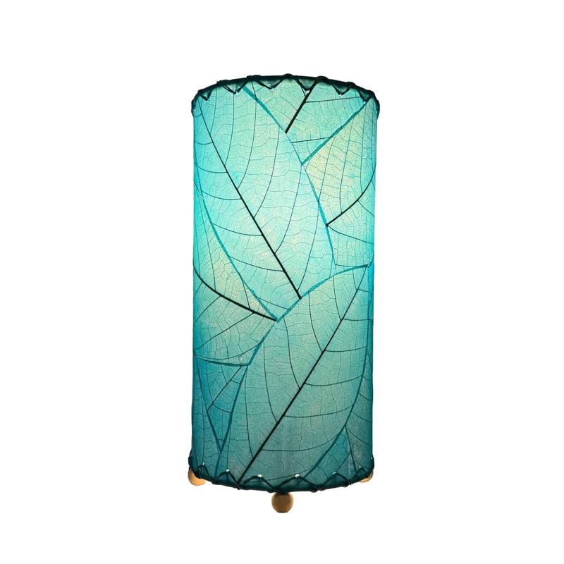 Sea blue Cocoa Leaf Cylinder Table Lamp by Eangee, 12-inch decorative lamp with intricate leaf design and natural-inspired style.