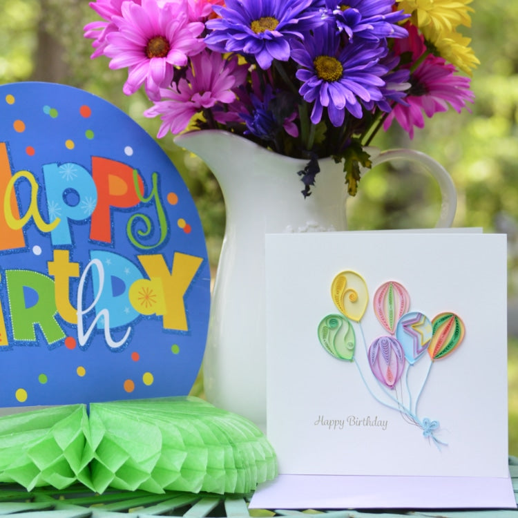 Colorful balloon bunch quilling card featuring vibrant paper balloon designs on a greeting card by Quilling Card.