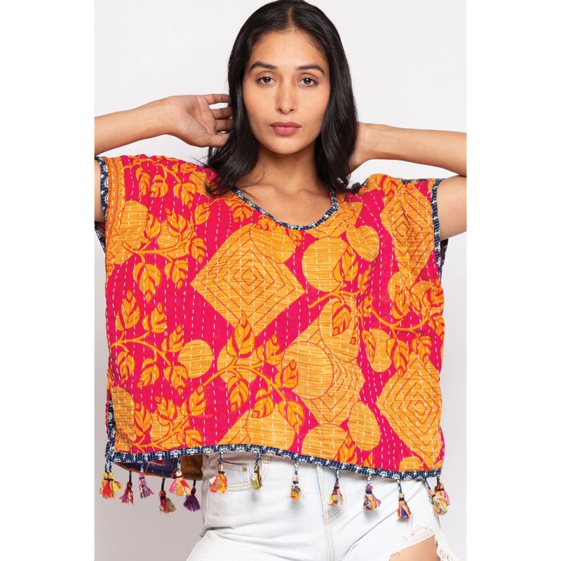 Sevya cotton Kantha crop top featuring vibrant embroidered patterns and a relaxed fit, perfect for casual and bohemian styles.