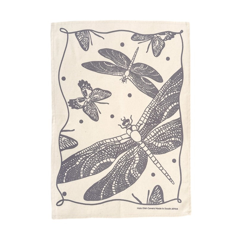 Cotton Tea Towel Butterflies and Dragonflies Eggplant