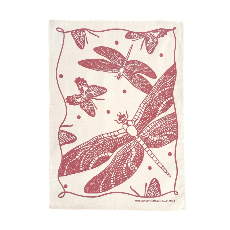 Cotton Tea Towel Butterflies and Dragonflies Roasted Red