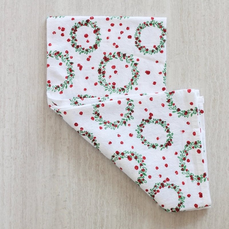 Cotton Tea Towel - Wreath Evergreen & Red