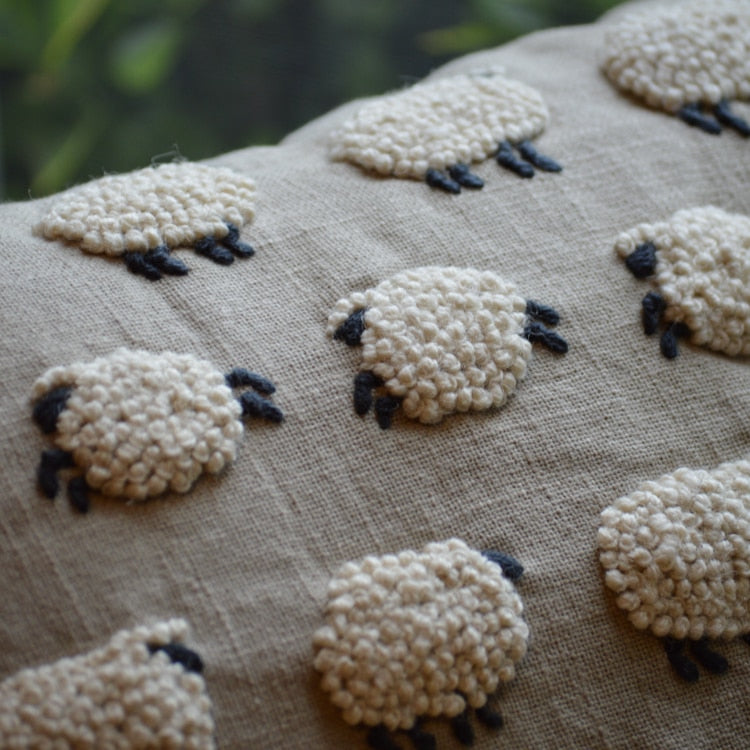Embroidered Sheep Pillow Close Up