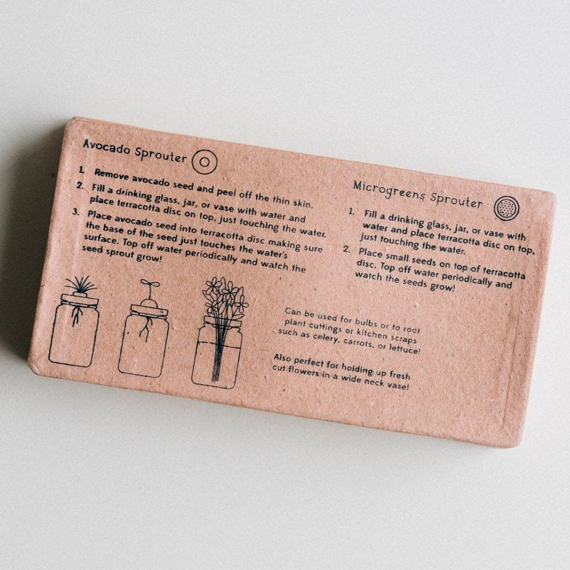 Cardboard box with avocado and microgreens sprouter instructions on a light gray background