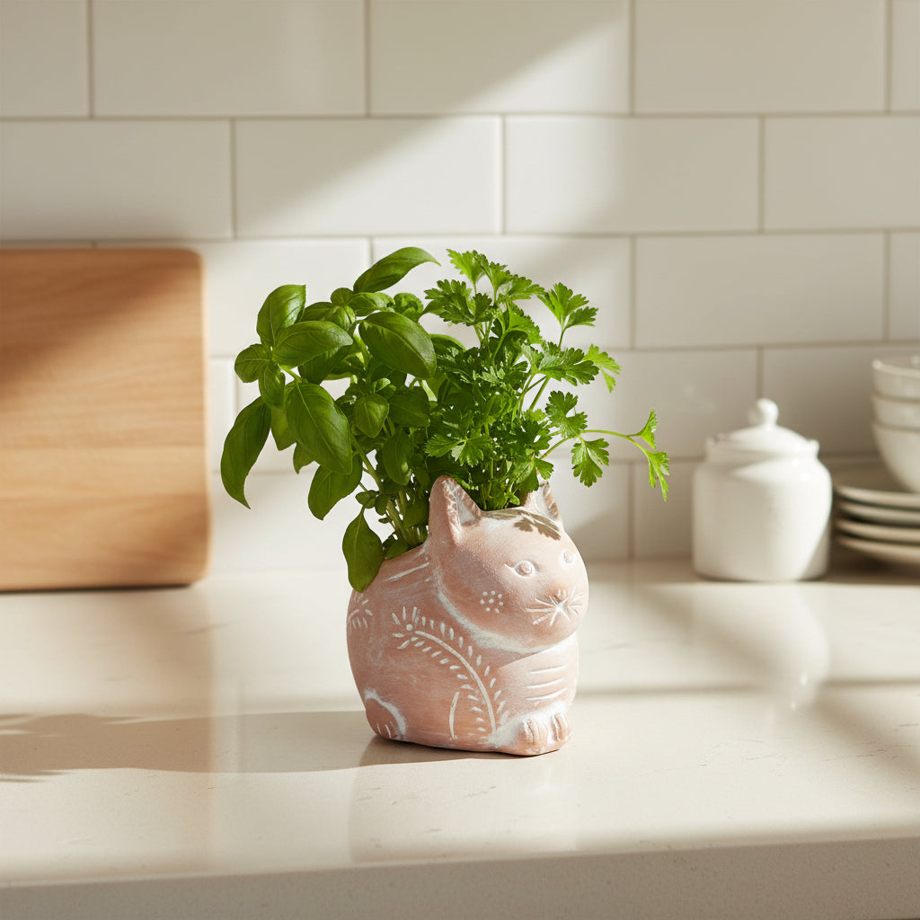Ceramic cat planter with a small plant on a light kitchen background
