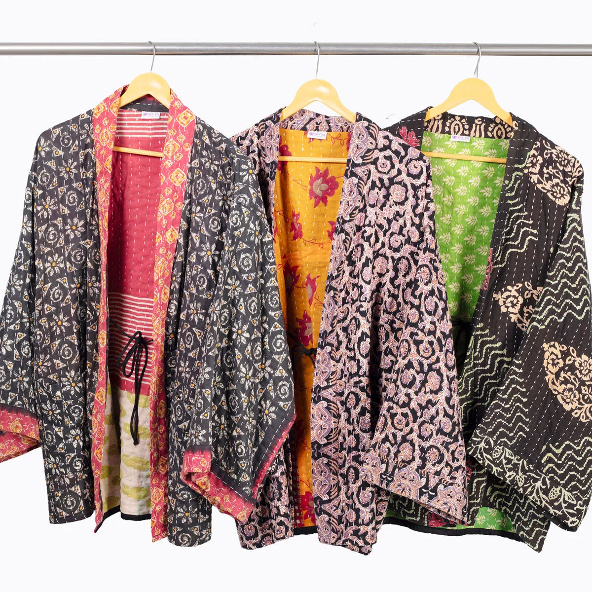 Reversible Cotton Black Kantha Kimono Jacket