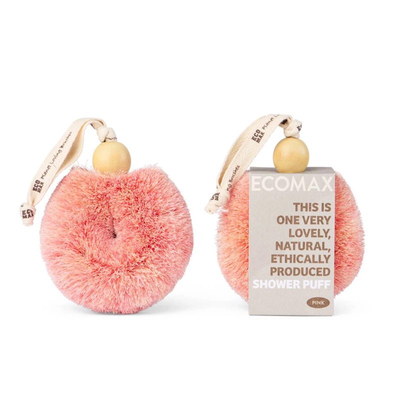 Pink shower puff with wooden handle and Ecomax packaging on a white background