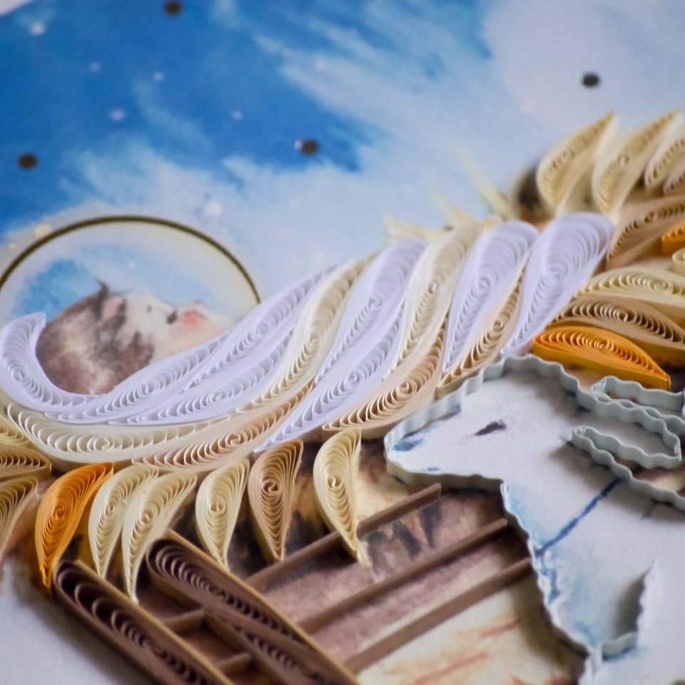 Baby Jesus in manger quilling card featuring intricate paper quilling artwork, perfect for Christmas and religious celebrations.