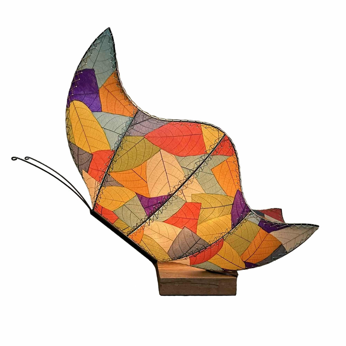 Eangee large butterfly table lamp with vibrant multicolor butterfly and leaf patterns on a white background.