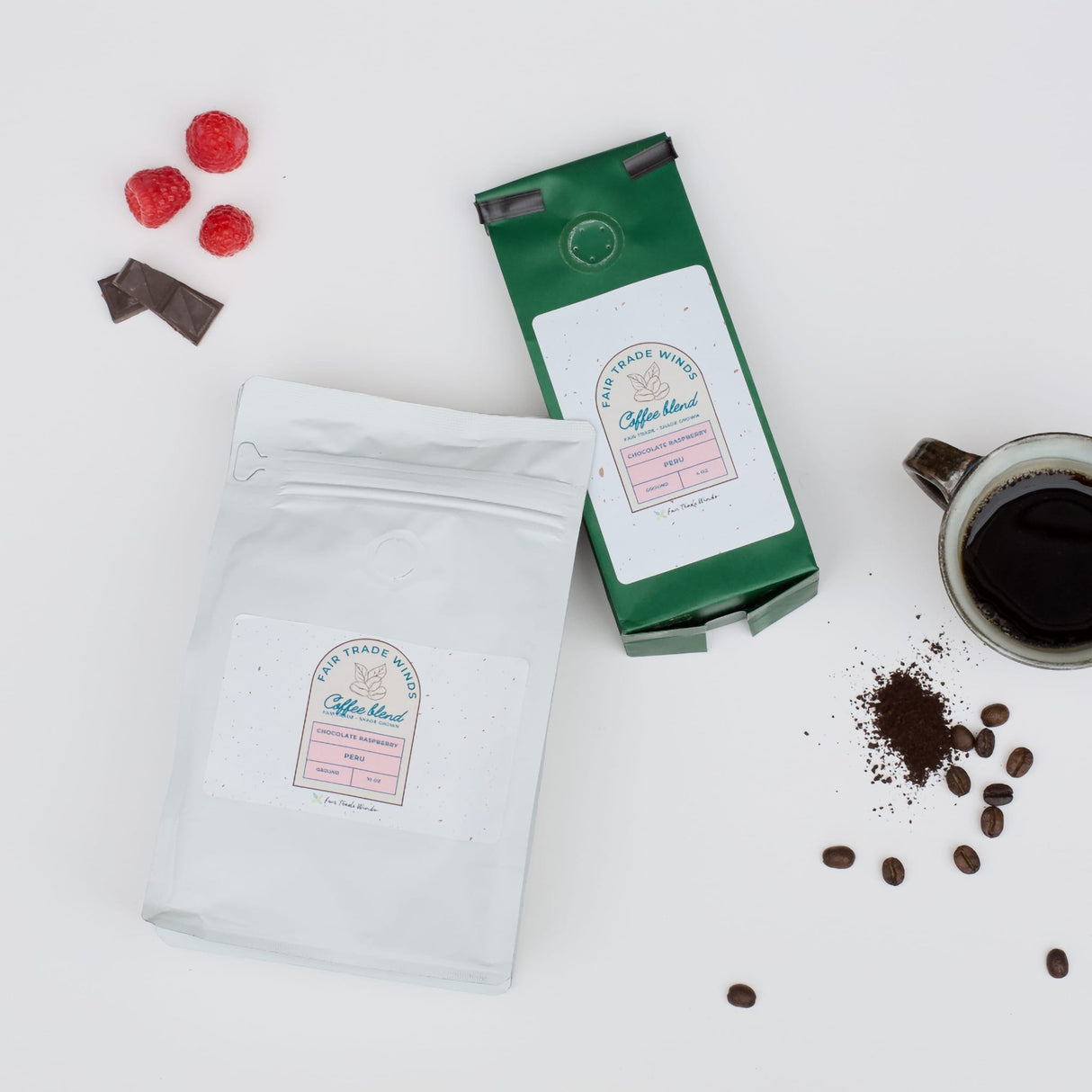 Louisiana Roasting Company Chocolate Raspberry whole bean coffee in a 10 oz bag with beans visible, rich chocolate and raspberry flavor notes
