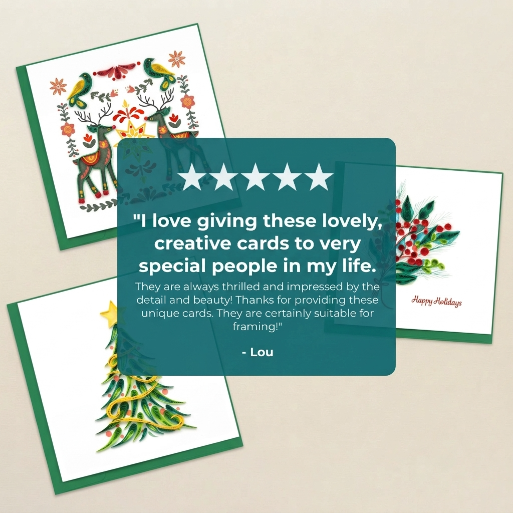 Quilling Card Christmas Tree Quilling Card with colorful paper quilling design and five-star review icon