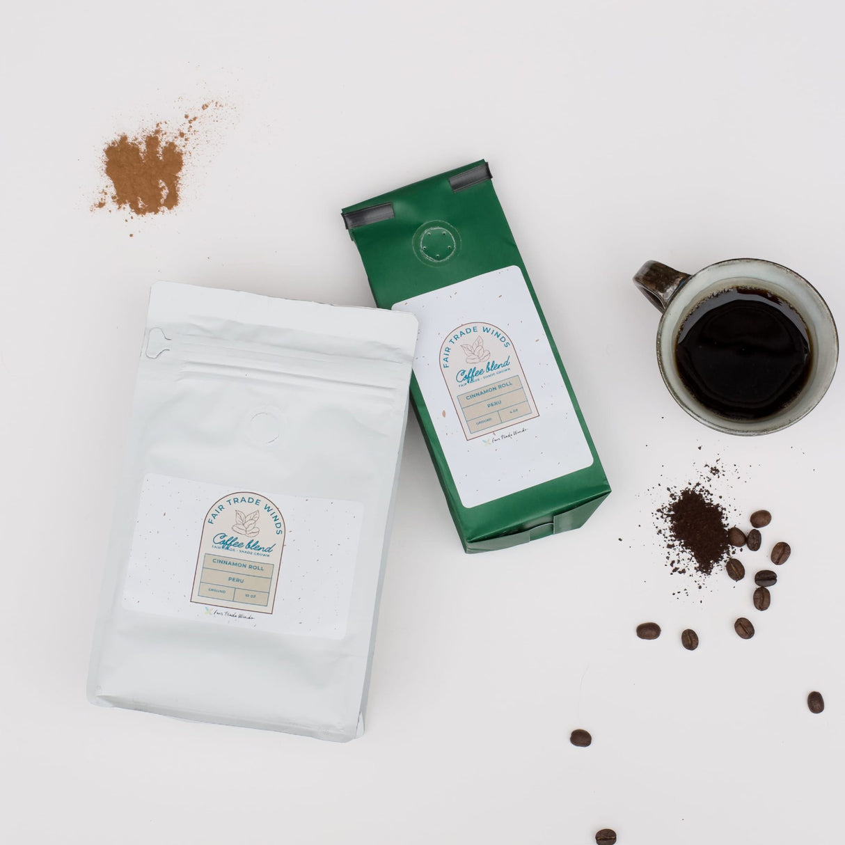 Whole bean cinnamon roll flavored coffee by Louisiana Roasting Company, 10 oz bag with aromatic coffee beans.