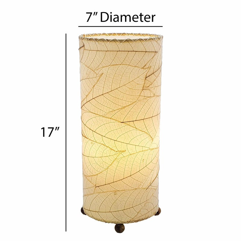 Eangee Cocoa Leaf Cylinder Leaf Lamp in natural finish, showcasing a woven leaf design with warm, ambient lighting.