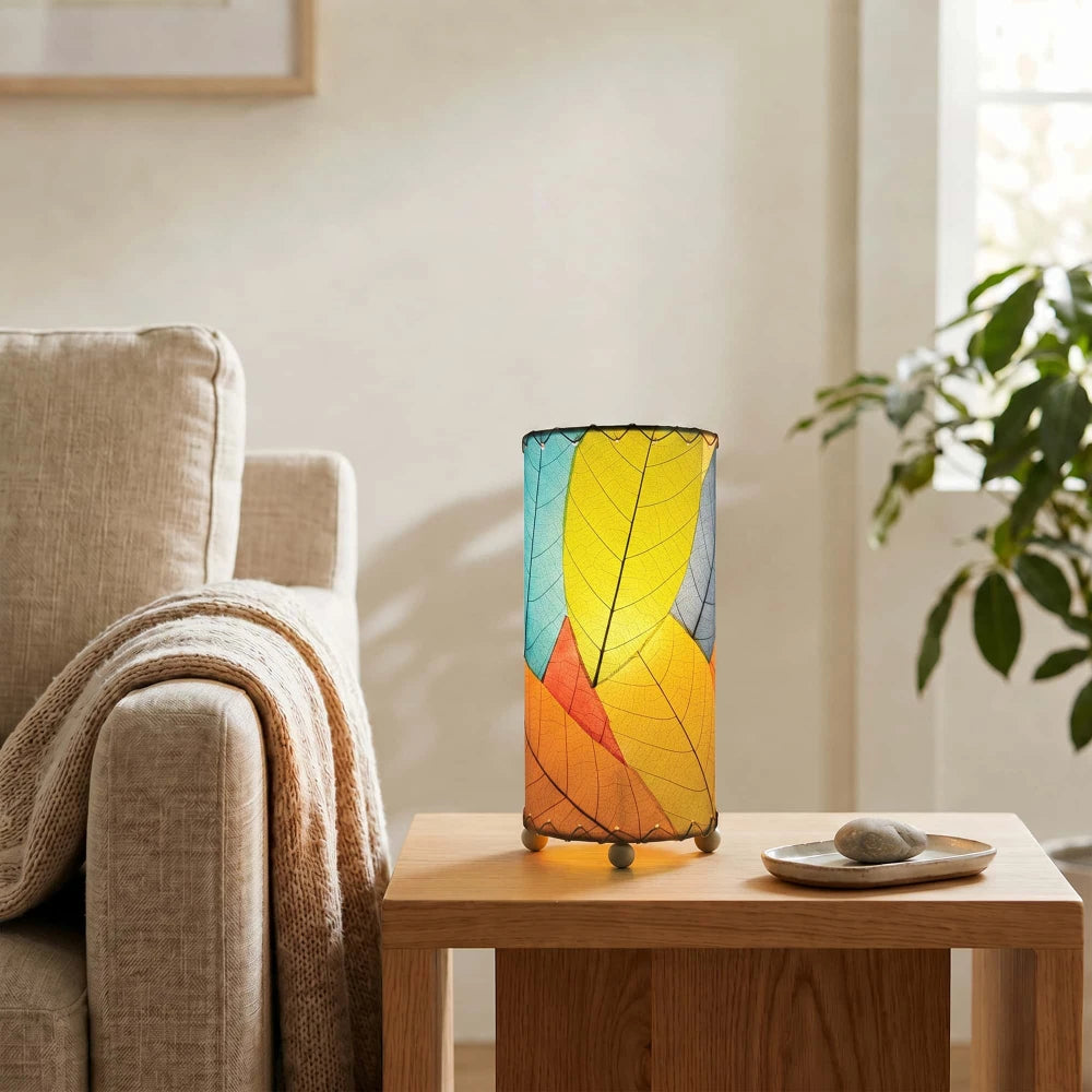 Cocoa Leaf Cylinder Table Lamp 12” - Multi