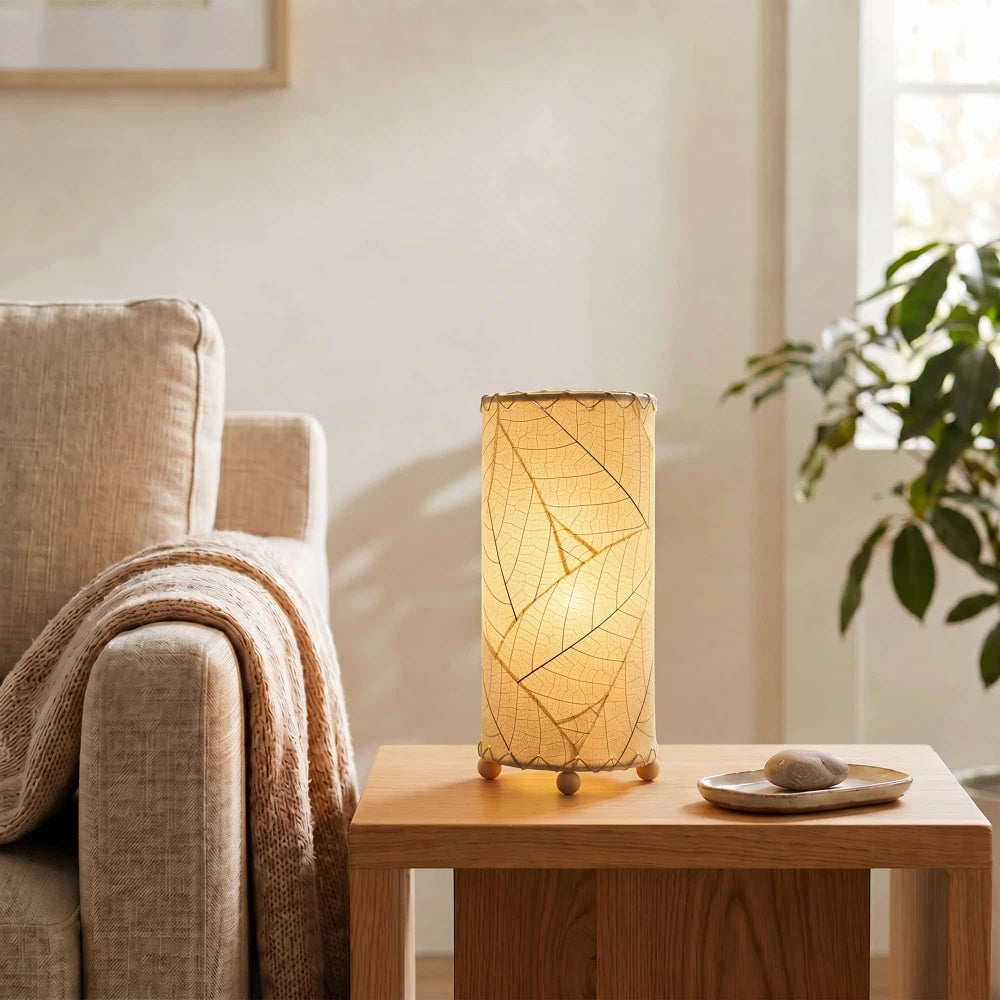 Cocoa Leaf Cylinder Table Lamp 12” - Natural