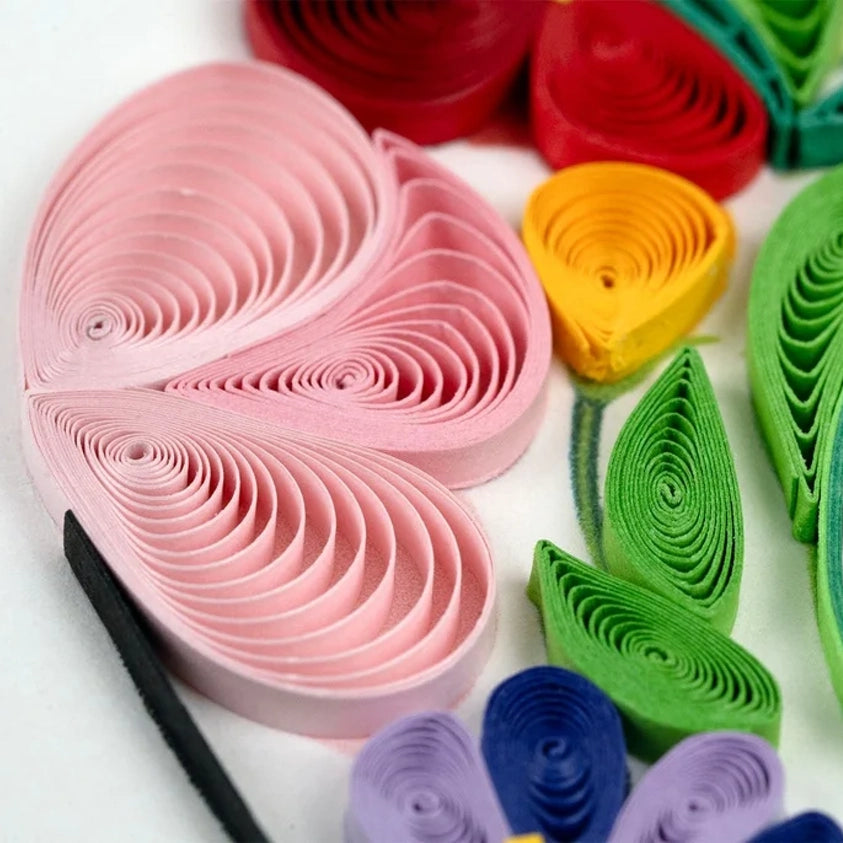 Decorative floral hummingbird quilling card with intricate paper quilling details and colorful floral design.