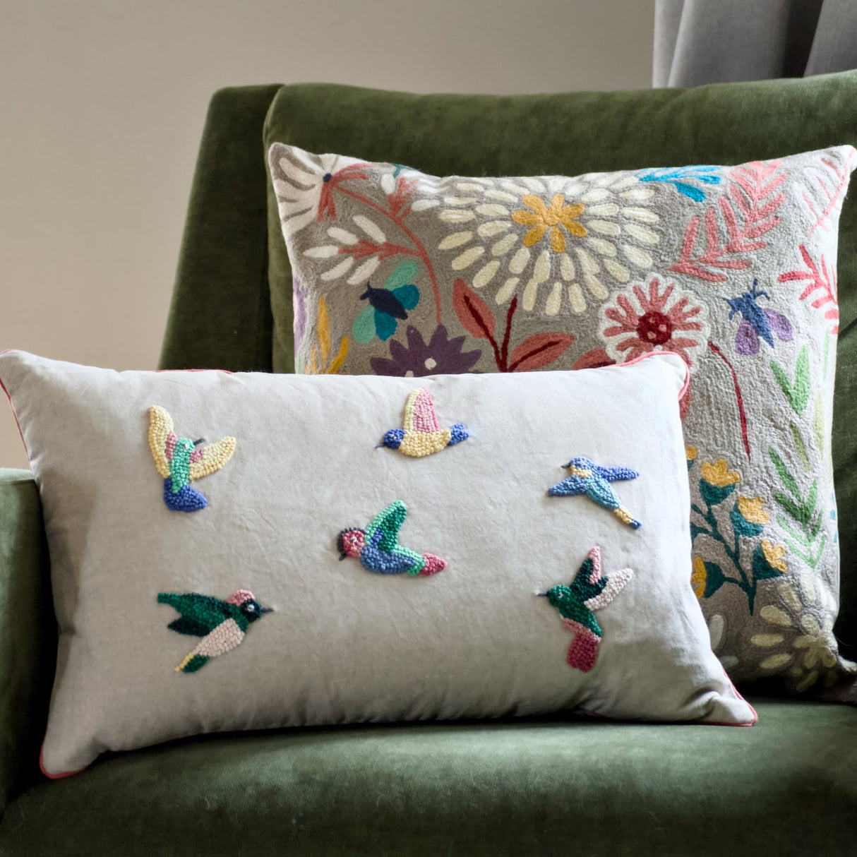 Hummingbirds Embroidered Pillow 12" x 20"