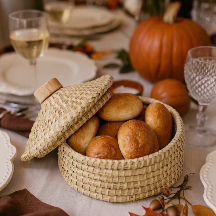 lidded bread warmer basket thanksgiving table scene