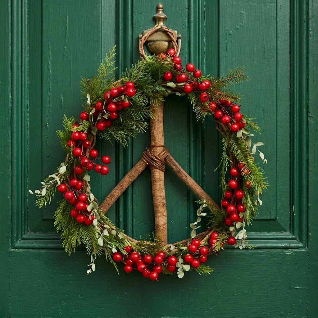 Handmade vine peace wreath with natural green leaves and small decorative accents, crafted by Serrv for a rustic, peaceful decoration.