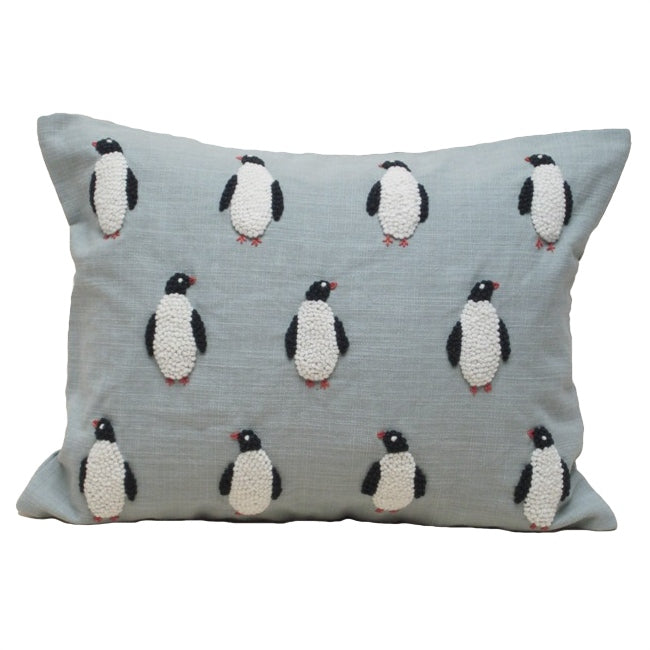 penguin embroidered pillow blue
