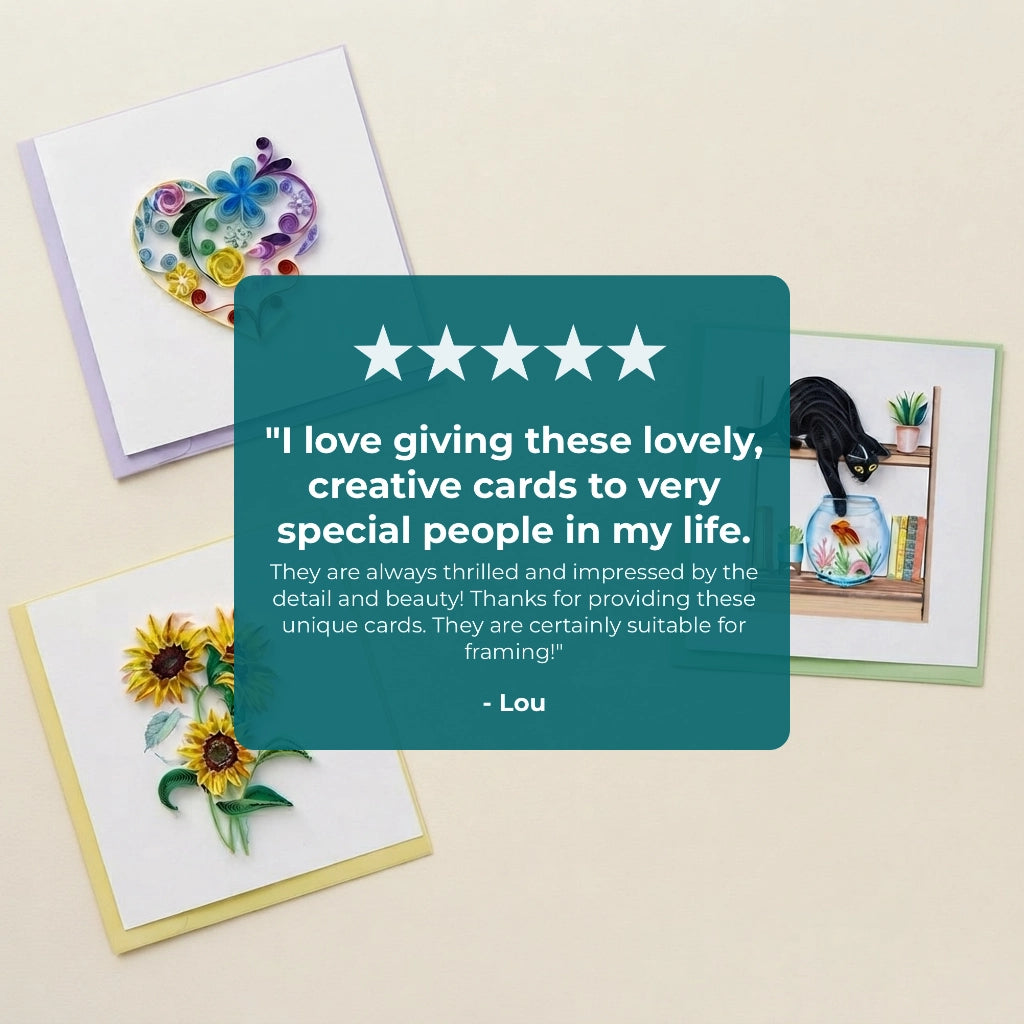 Heart-themed quilling card by Quilling Card with five-star review, showcasing intricate paper quilling artwork.