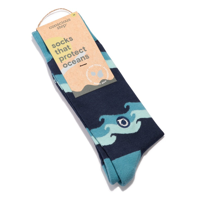 socks that protect oceans waves teal packaging