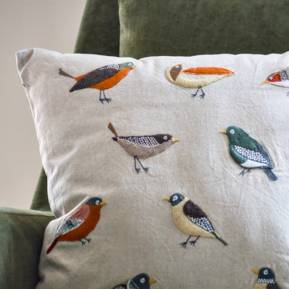 Ten Birds Embroidered Pillow
