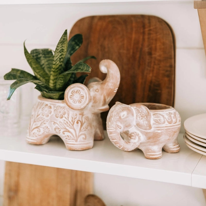 Two ceramic elephant planters with a green plant on a shelf.