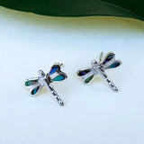 Women's Peace Collection abalone dragonfly stud earrings showcasing iridescent shell and delicate metalwork.